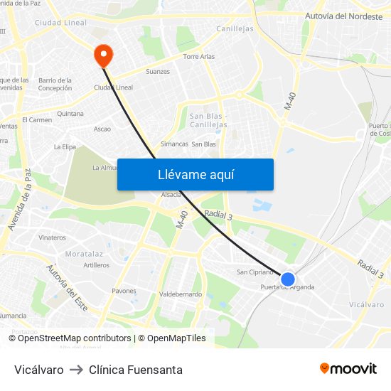 Vicálvaro to Clínica Fuensanta map