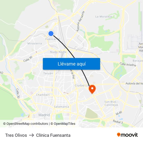Tres Olivos to Clínica Fuensanta map