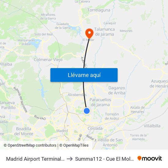 Madrid Airport Terminal 4 to Summa112 - Cue El Molar. map