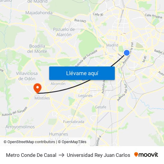 Metro Conde De Casal to Universidad Rey Juan Carlos map