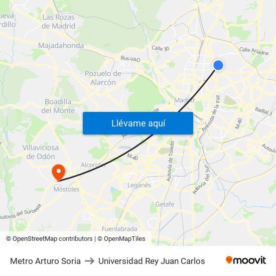 Metro Arturo Soria to Universidad Rey Juan Carlos map
