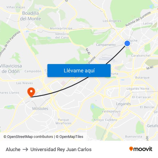 Aluche to Universidad Rey Juan Carlos map