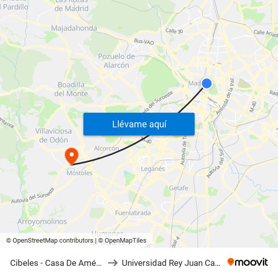 Cibeles - Casa De América to Universidad Rey Juan Carlos map