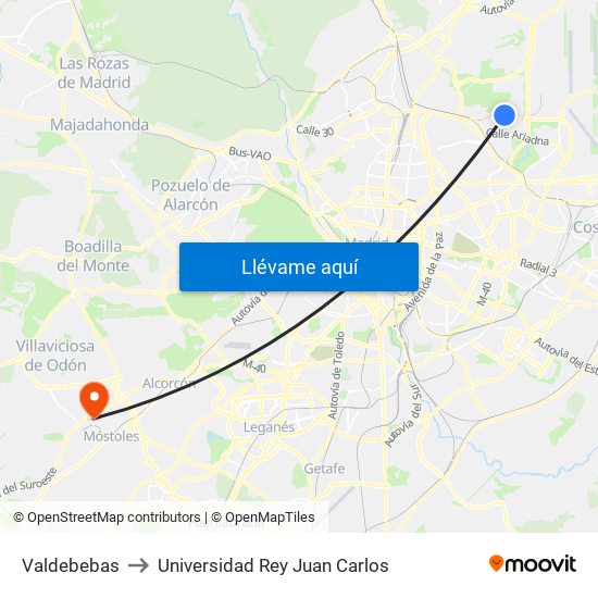 Valdebebas to Universidad Rey Juan Carlos map