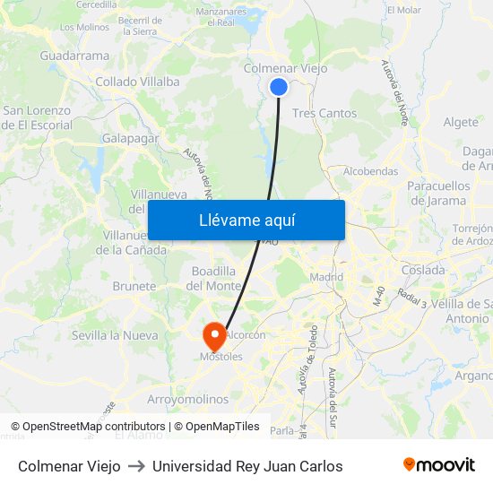 Colmenar Viejo to Universidad Rey Juan Carlos map