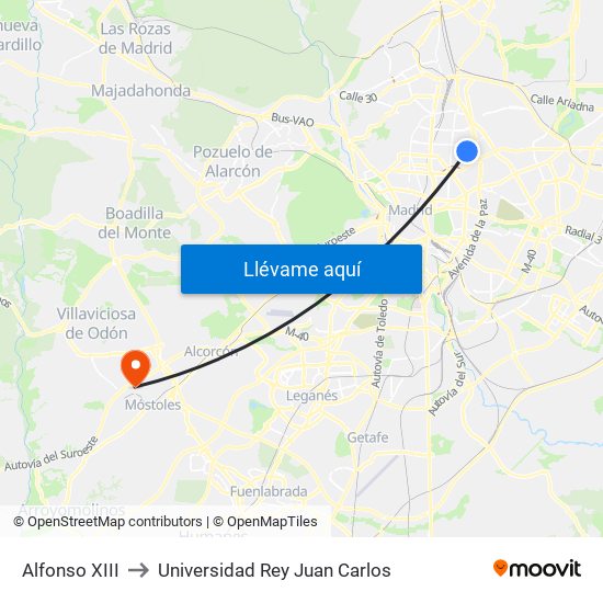 Alfonso XIII to Universidad Rey Juan Carlos map