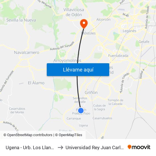 Ugena - Urb. Los Llanos to Universidad Rey Juan Carlos map