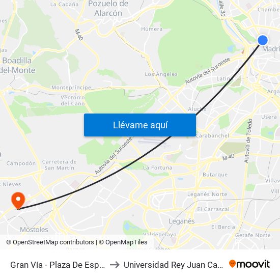 Gran Vía - Plaza De España to Universidad Rey Juan Carlos map