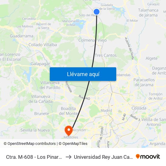 Ctra. M-608 - Los Pinarejos to Universidad Rey Juan Carlos map