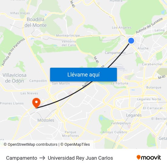 Campamento to Universidad Rey Juan Carlos map