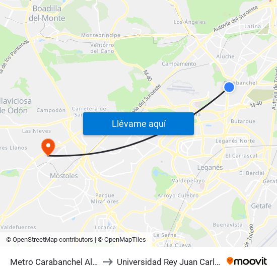 Metro Carabanchel Alto to Universidad Rey Juan Carlos map