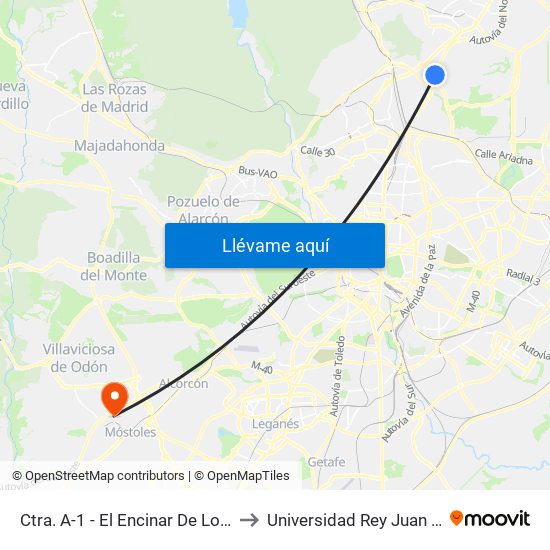 Ctra. A-1 - El Encinar De Los Reyes to Universidad Rey Juan Carlos map