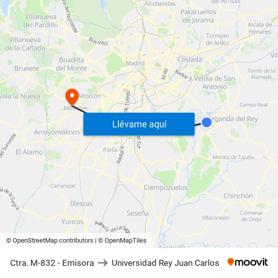 Ctra. M-832 - Emisora to Universidad Rey Juan Carlos map