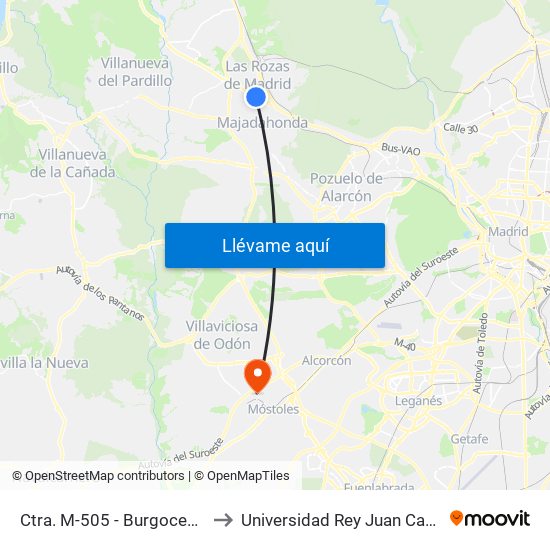 Ctra. M-505 - Burgocentro to Universidad Rey Juan Carlos map