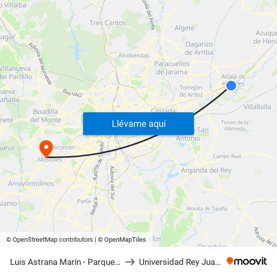 Luis Astrana Marín - Parque O'Donnell to Universidad Rey Juan Carlos map