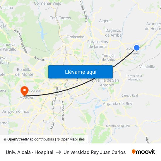 Univ. Alcalá - Hospital to Universidad Rey Juan Carlos map