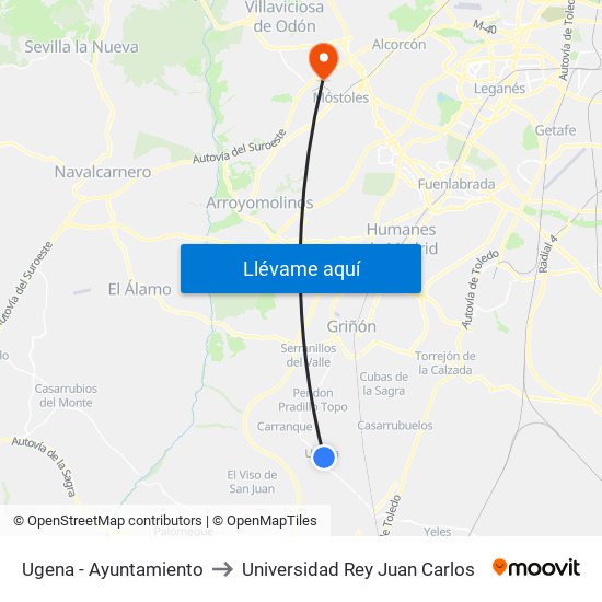Ugena - Ayuntamiento to Universidad Rey Juan Carlos map