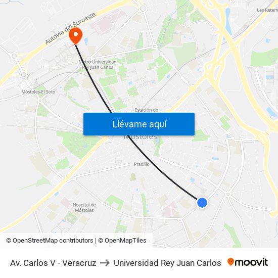 Av. Carlos V - Veracruz to Universidad Rey Juan Carlos map