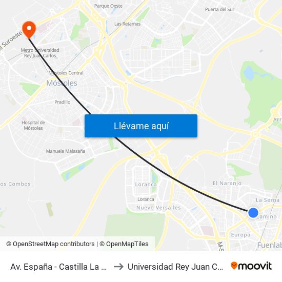 Av. España - Castilla La Vieja to Universidad Rey Juan Carlos map