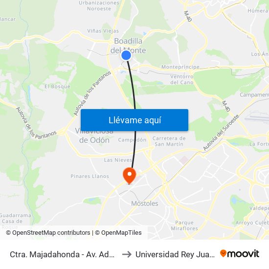 Ctra. Majadahonda - Av. Adolfo Suárez to Universidad Rey Juan Carlos map