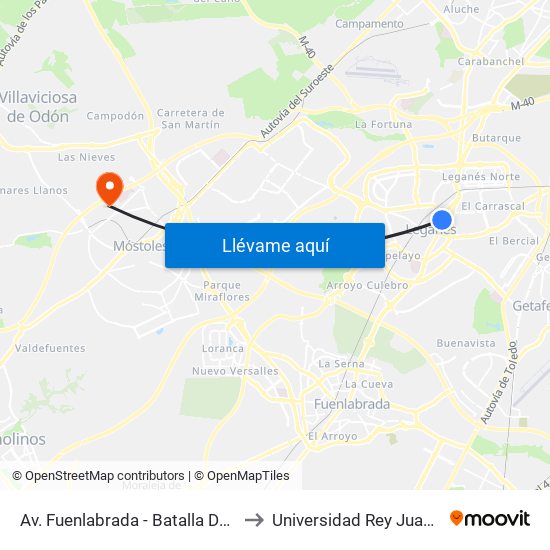 Av. Fuenlabrada - Batalla De Brunete to Universidad Rey Juan Carlos map