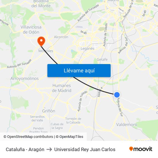 Cataluña - Aragón to Universidad Rey Juan Carlos map