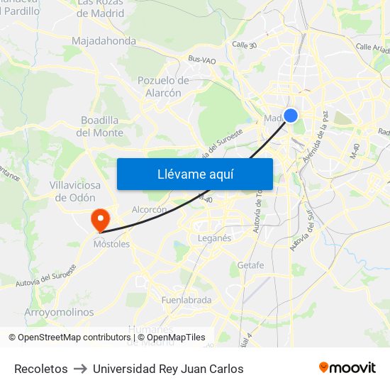 Recoletos to Universidad Rey Juan Carlos map