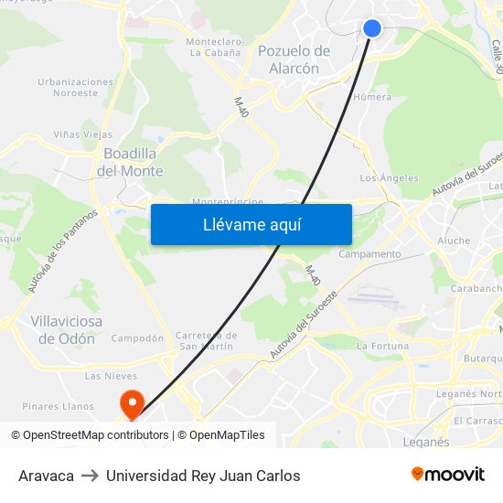 Aravaca to Universidad Rey Juan Carlos map