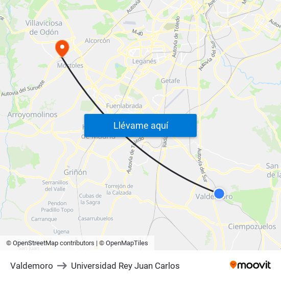 Valdemoro to Universidad Rey Juan Carlos map