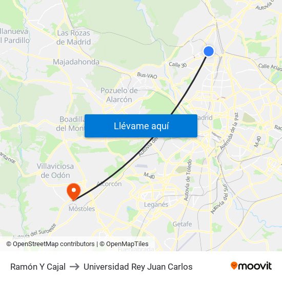 Ramón Y Cajal to Universidad Rey Juan Carlos map