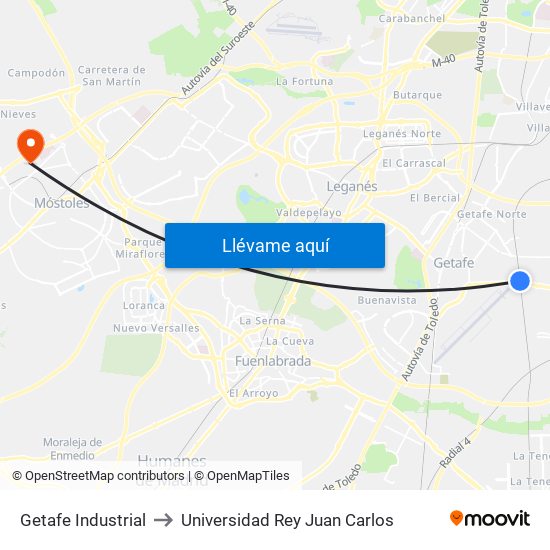 Getafe Industrial to Universidad Rey Juan Carlos map