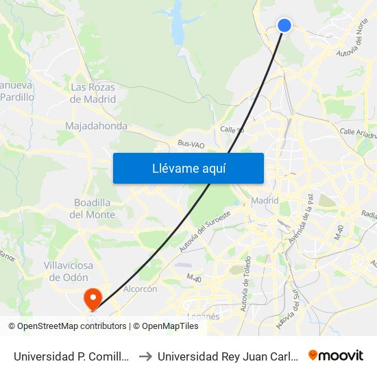 Universidad P. Comillas to Universidad Rey Juan Carlos map