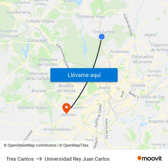 Tres Cantos to Universidad Rey Juan Carlos map