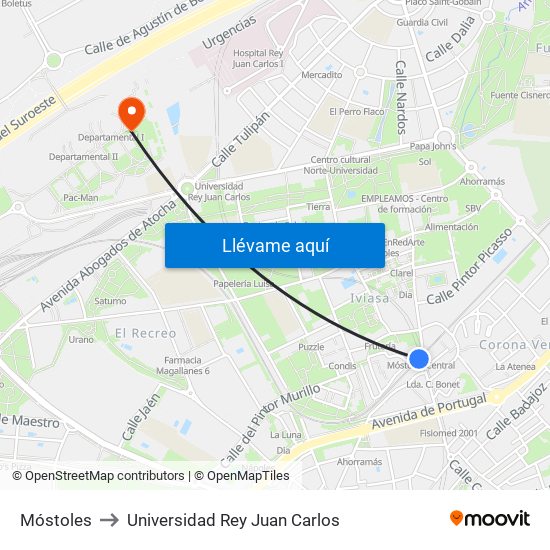 Móstoles to Universidad Rey Juan Carlos map