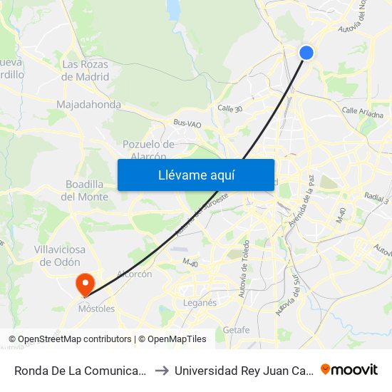 Ronda De La Comunicación to Universidad Rey Juan Carlos map