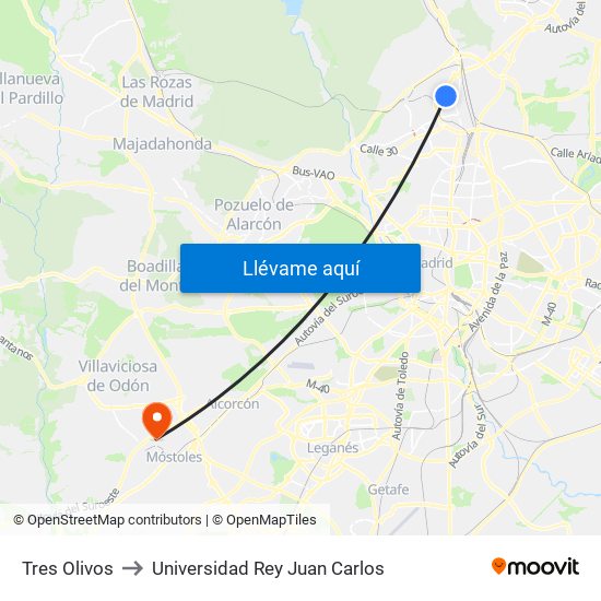 Tres Olivos to Universidad Rey Juan Carlos map