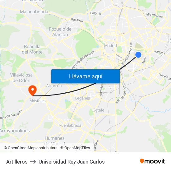 Artilleros to Universidad Rey Juan Carlos map