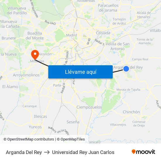 Arganda Del Rey to Universidad Rey Juan Carlos map