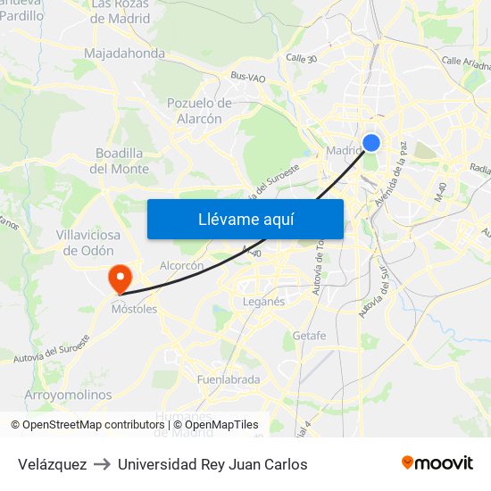 Velázquez to Universidad Rey Juan Carlos map