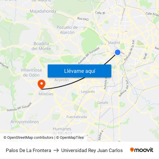 Palos De La Frontera to Universidad Rey Juan Carlos map