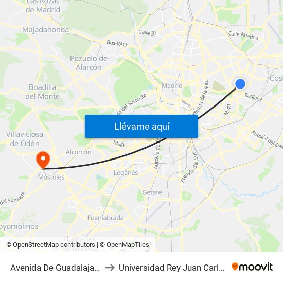 Avenida De Guadalajara to Universidad Rey Juan Carlos map