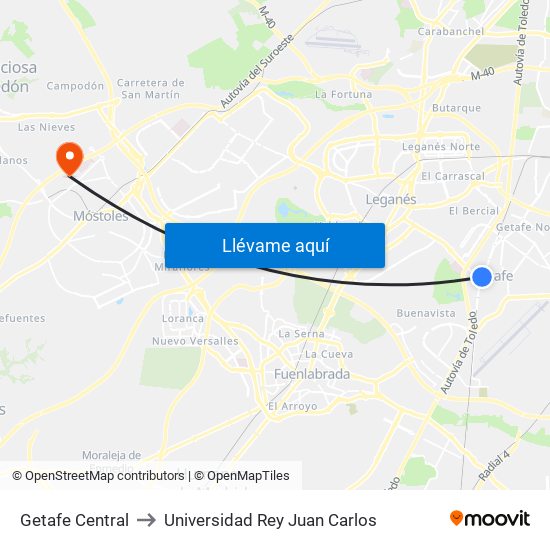 Getafe Central to Universidad Rey Juan Carlos map