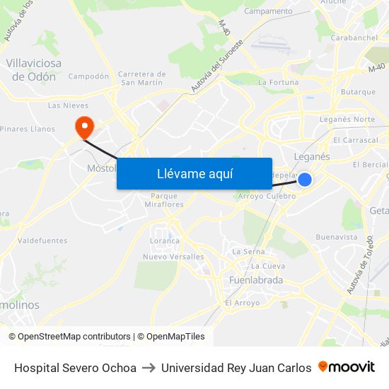 Hospital Severo Ochoa to Universidad Rey Juan Carlos map