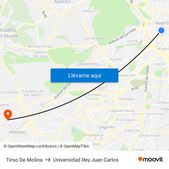 Tirso De Molina to Universidad Rey Juan Carlos map