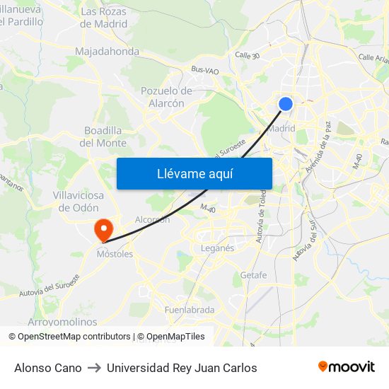 Alonso Cano to Universidad Rey Juan Carlos map