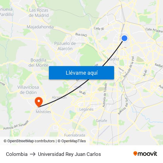 Colombia to Universidad Rey Juan Carlos map