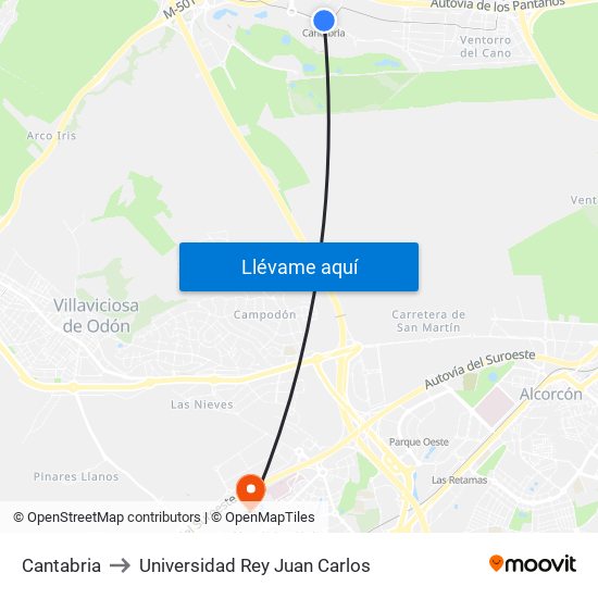 Cantabria to Universidad Rey Juan Carlos map
