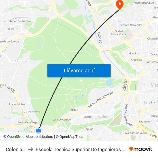 Colonia Jardín to Escuela Técnica Superior De Ingenieros De Telecomunicación Upm map