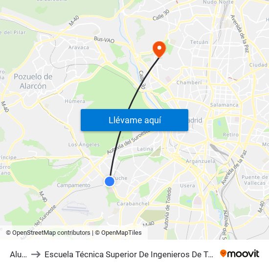 Aluche to Escuela Técnica Superior De Ingenieros De Telecomunicación Upm map