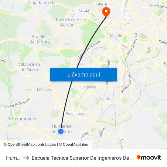Humanes to Escuela Técnica Superior De Ingenieros De Telecomunicación Upm map